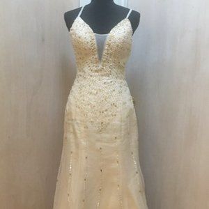Gorgeous Ivory/Cream Beaded Gown V-Neck Halter Long Train Prom Dress Size 6